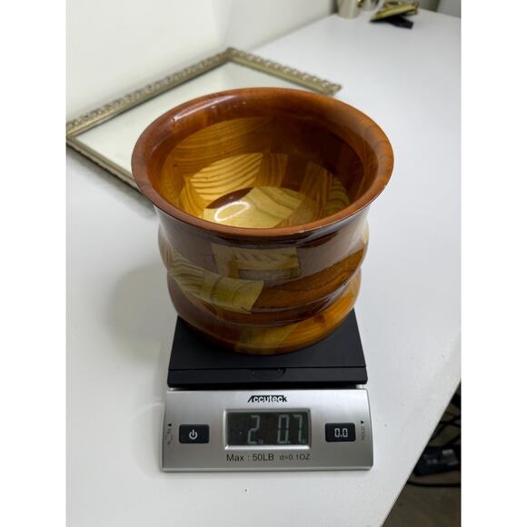 Stunning Vintage Handcrafted Turned Segmented Inlaid Wood Decorative Vase Bowl - Picture 9 of 9